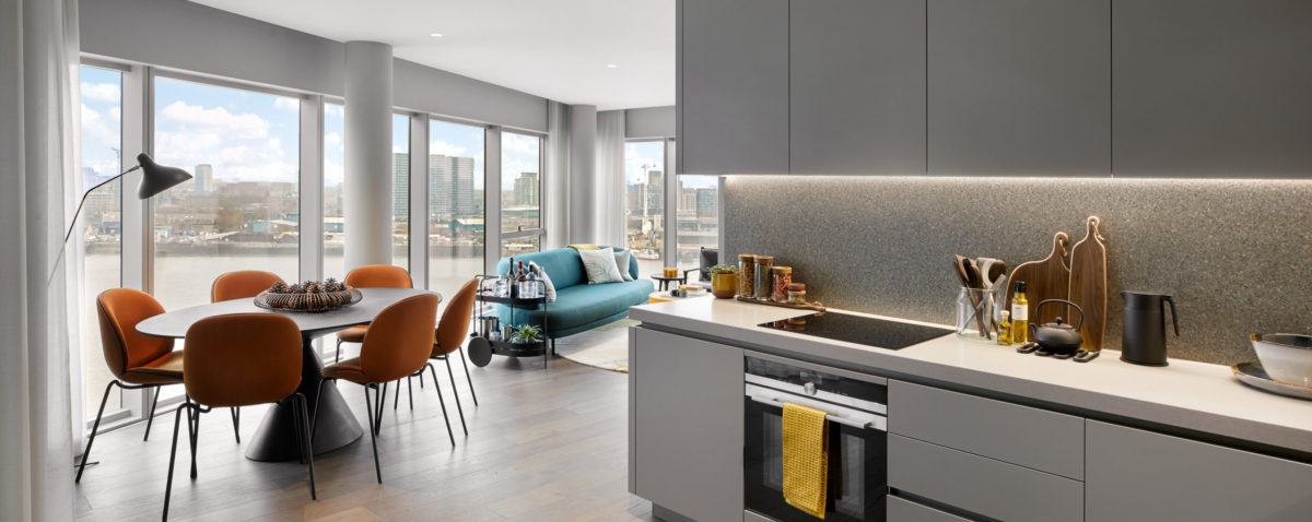 Kitchen and dining room at No 5 by Knight Dragon at Upper Riverside, Greenwich Peninsula