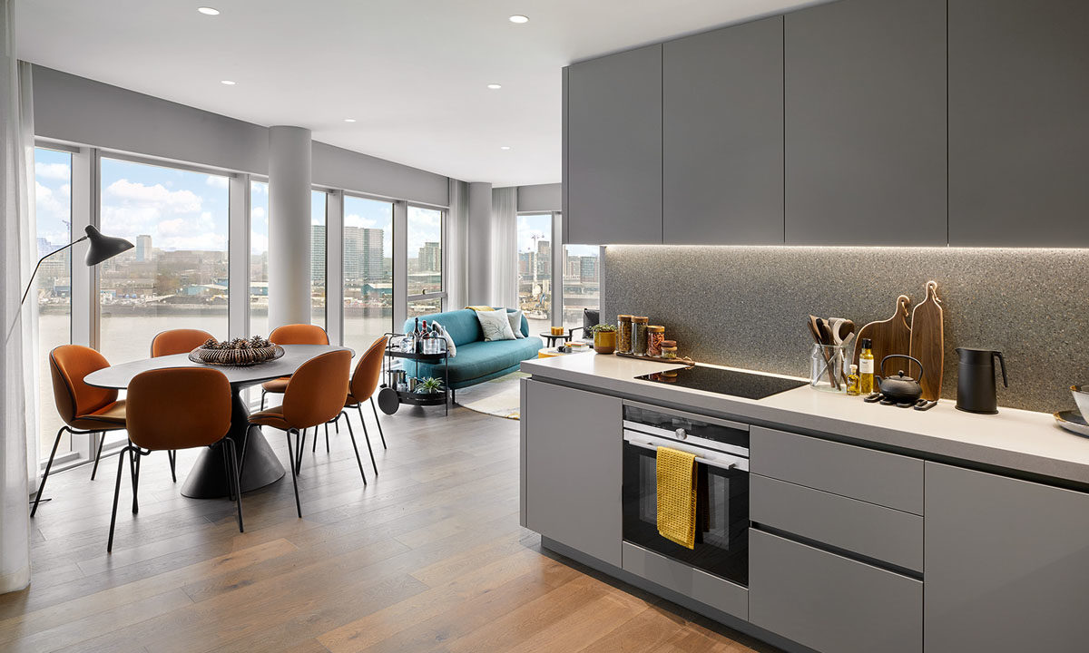 Kitchen and dining room at No 5 by Knight Dragon at Upper Riverside, Greenwich Peninsula