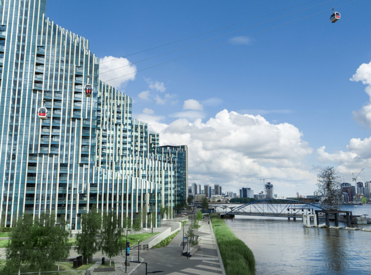 Wide image of cable car over the Thames at Upper Riverside, Greenwich Peninsula