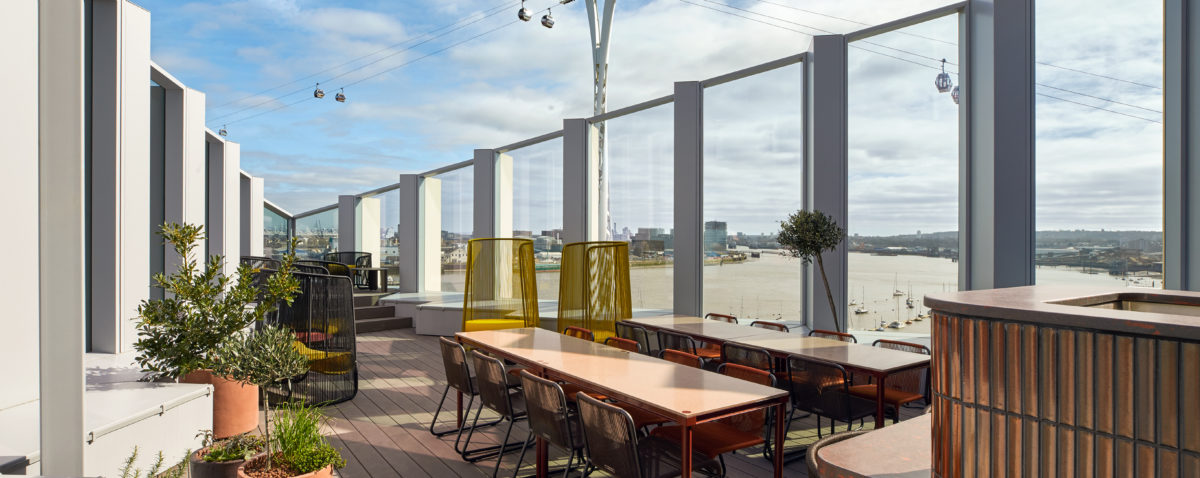 Wide image of the roof terrace at No 4 Upper Riverside, Greenwich Peninsula